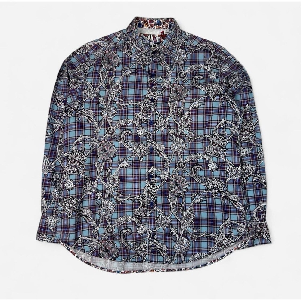 Robert Graham Classic Fit Shirt Men's L Blue Plaid Paisley Baroque Skull Print